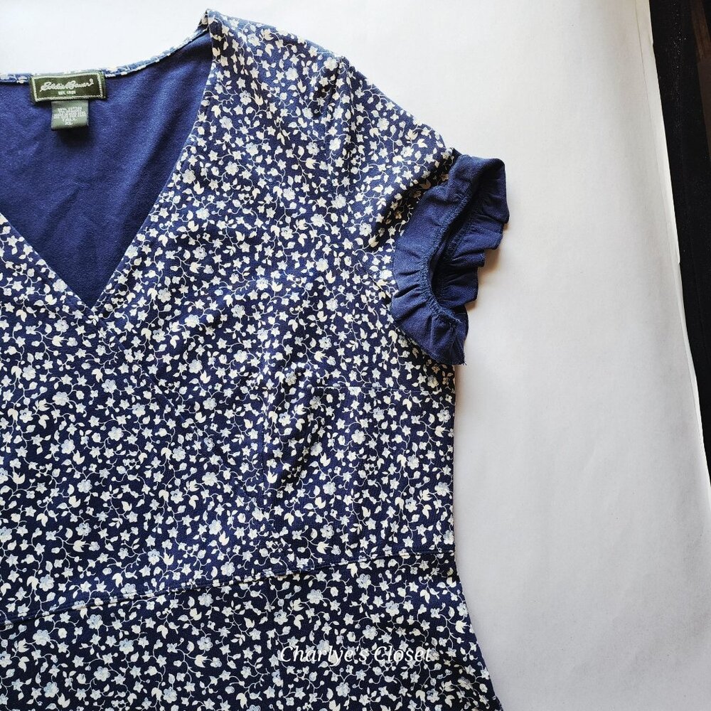 Eddie Bauer Classic Navy Floral Cottagecore Midi Dress Ruffle Trim Sz. XL Tall - Picture 8 of 10
